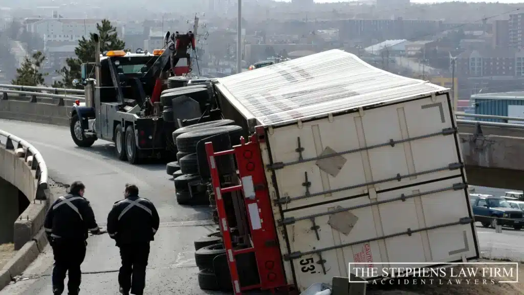 An image of an 18-wheeler truck tipped over on the highway.