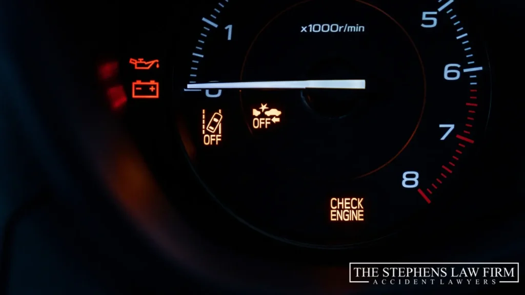 car dashboard with engine lights on