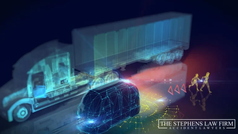 digital illustration depicts a semi-transparent semi-truck with a glowing autonomous vehicle in front of it, accompanied by two small figures walking on a network of lines