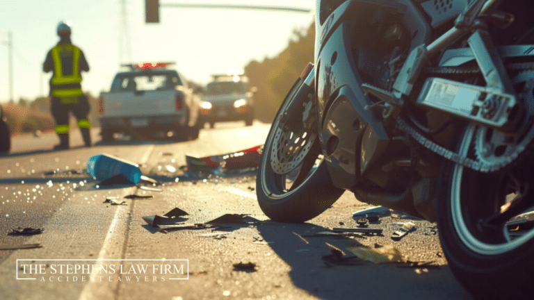 Motorcycle Accident with debris and Firefighters and Support vehicles in the background