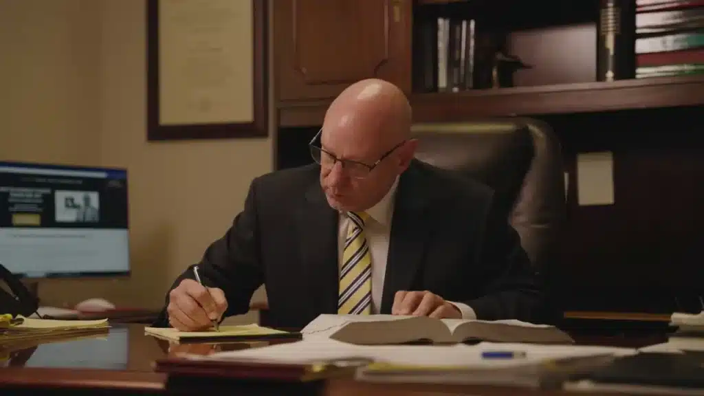 Double board certified attorney Joe Stephens sitting at desk